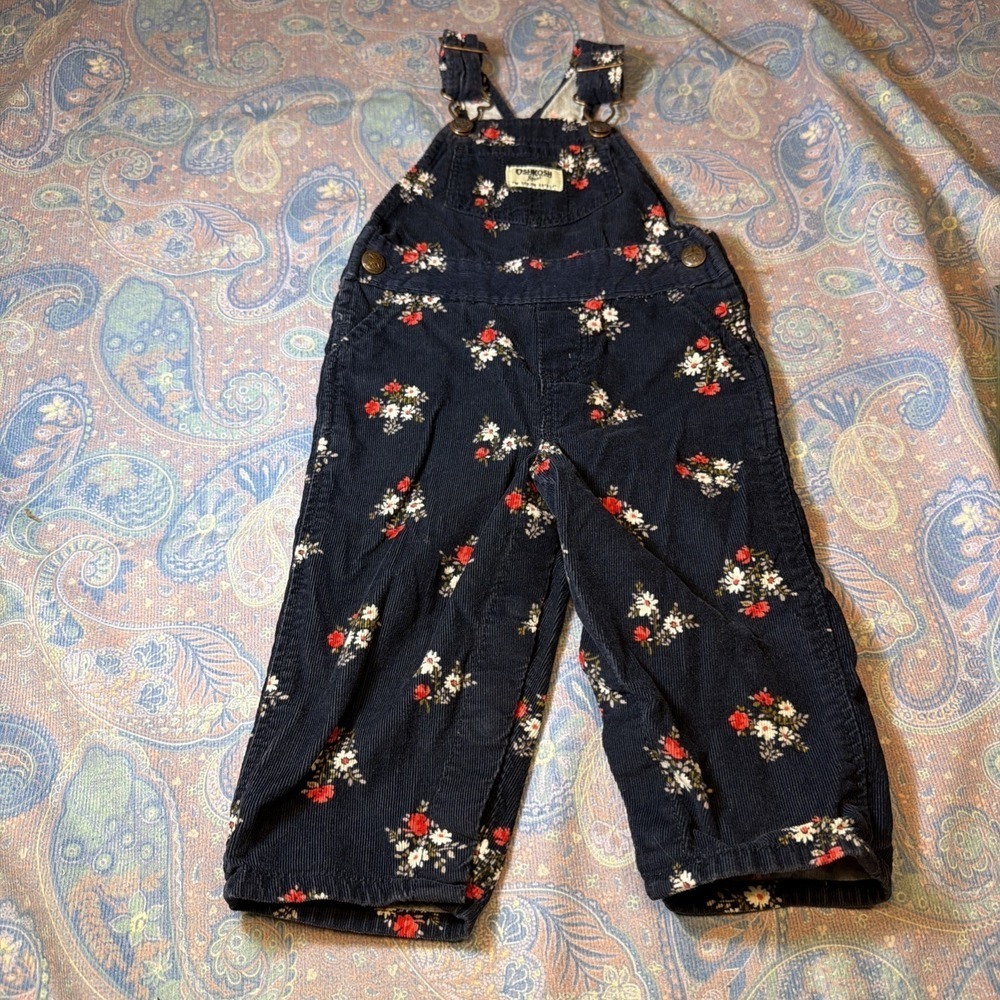OshKosh Vestbak Corduroy Overalls 12M Toddler Girl Floral Snap Leg Cottage Core
